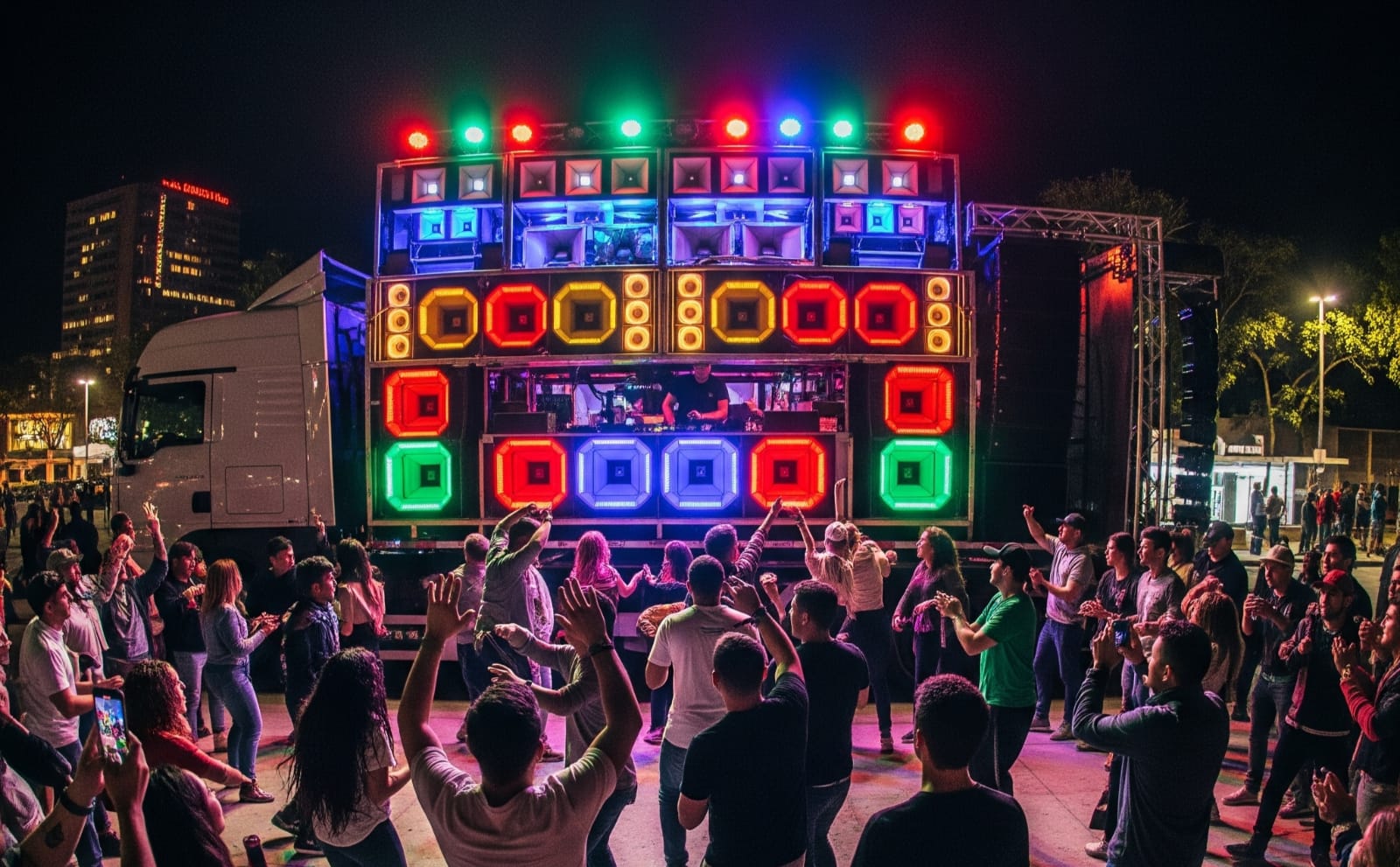 Sound horeg dengan lampu panggung dan peserta karnaval